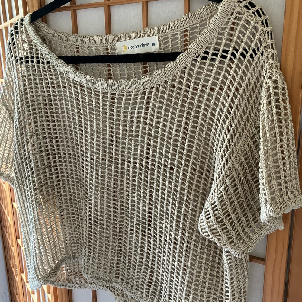 Ocean Drive Taupe Mesh Knit Top